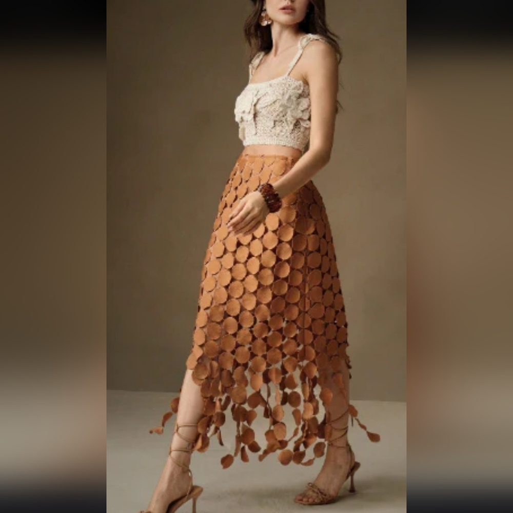 Boho Tan Circle-Detail Midi Skirt